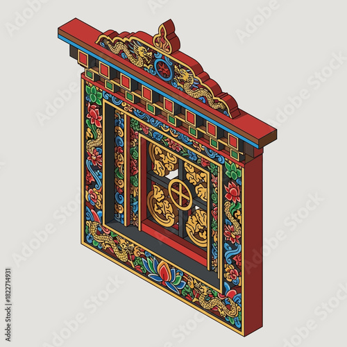 Detailed Illustration of a traditional Tibetan window frame in isometric view