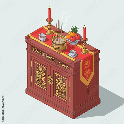 Detailed isometric illustration of oriental altar with offerings and incense