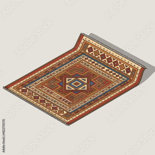 Isometric illustration of traditional rug with detailed patterns and vibrant color