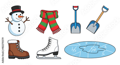 Cheerful snowman, cozy scarf, sturdy shovels, warm boots, ice skates, and a frozen pond for winter fun and outdoor adventures