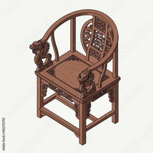 Ornate dragon chair vector illustration with oriental wooden carvings