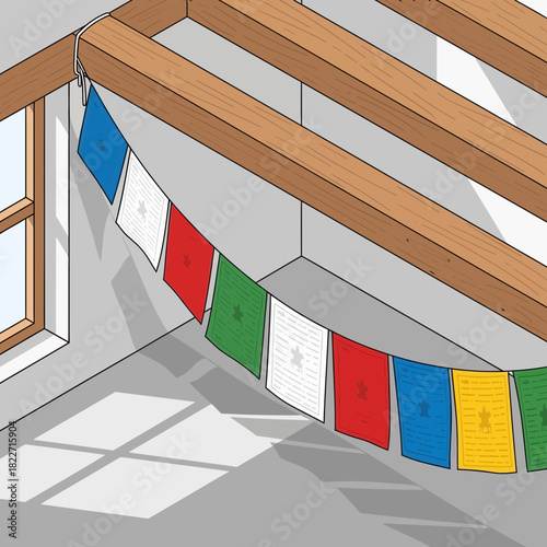 Serene room adorned with vibrant prayer flags creating a peaceful atmosphere