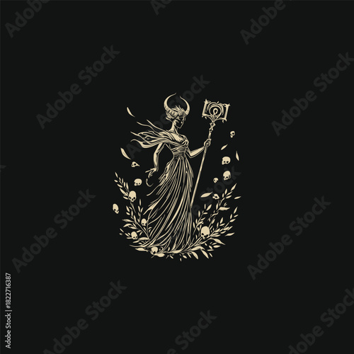 Gothic fantasy illustration of a powerful sorceress or evil queen with horns, holding a magical staff