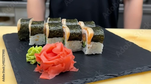Sushi rolls with salmon  seaweed sit on a black slate next to wasabi and pickled ginger A person stands in the background