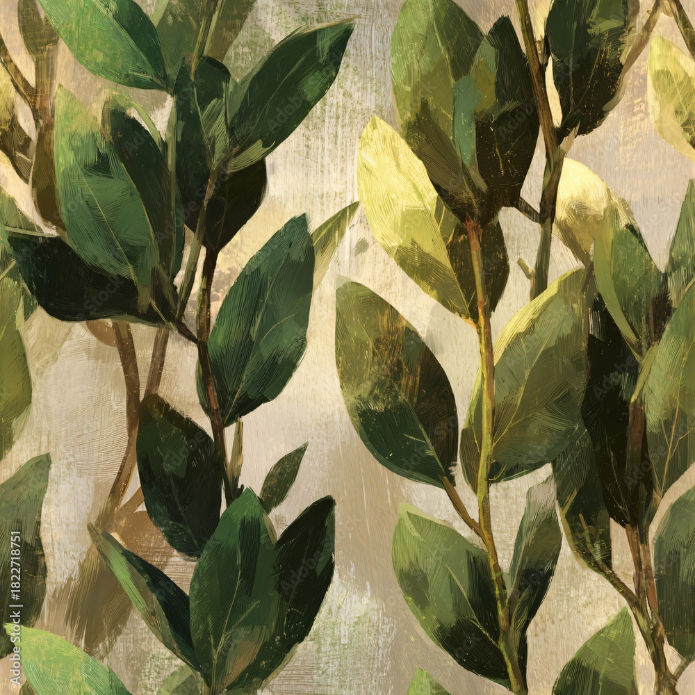 Fototapeta premium Organic green leaf brushstrokes over a light beige backdrop creating a botanical artistic seamless pattern for wallpaper or textile design.