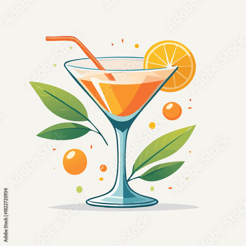 Refreshing orange cocktail in a martini glass with a straw and orange slice.