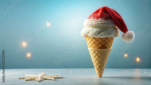 A Festive Ice Cream Cone Wearing a Santa Hat, Decorated with Sparkling Lights and a Snowflake
