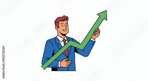 Businessman holding a large green arrow pointing upwards symbolizing growth and success in business.