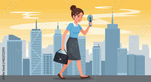 Businesswoman Searching with Magnifying Glass in Cityscape.