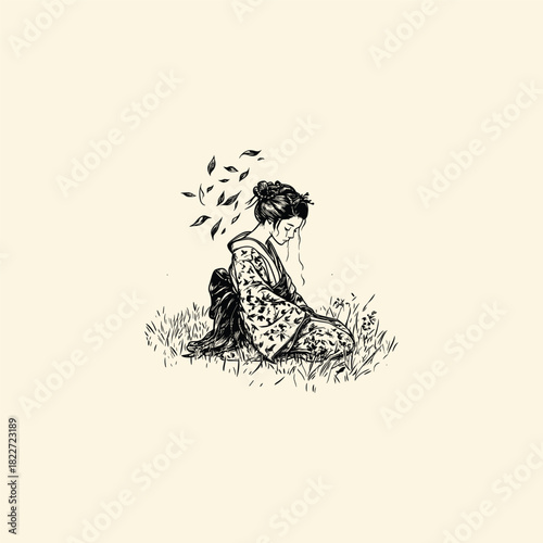 vintage sketch illustration of a Japanese Geisha wearing a beautiful floral kimono, sitting sadly and pensive in the grass with leaves falling around her