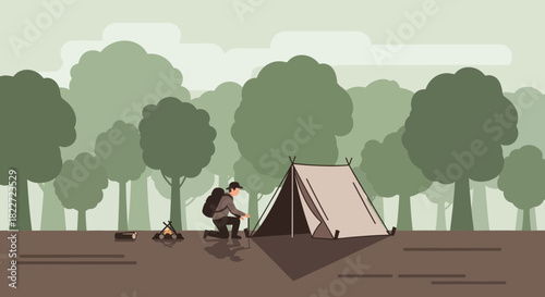 Camping in the forest with a tent and backpacker.