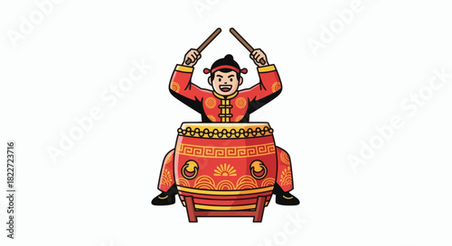 Chinese Man Playing Traditional Drum Illustration.