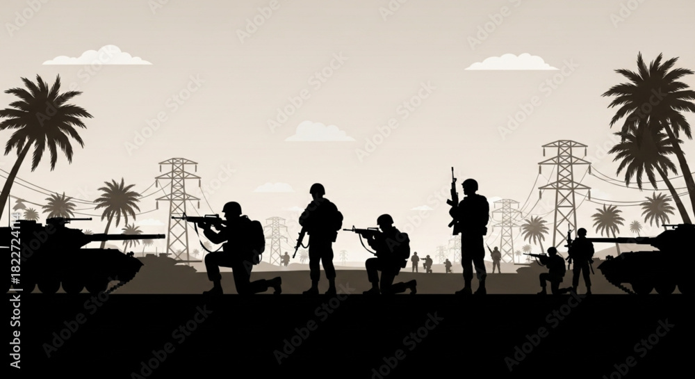 Fototapeta premium Silhouetted soldiers and tanks in a desert landscape with palm trees and power lines, illustrating a military scene