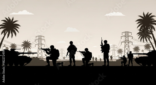 Silhouetted soldiers and tanks in a desert landscape with palm trees and power lines, illustrating a military scene