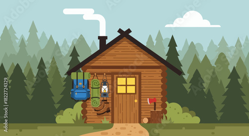 Cozy Wooden Cabin in a Serene Forest Landscape with Backpack and Axe.