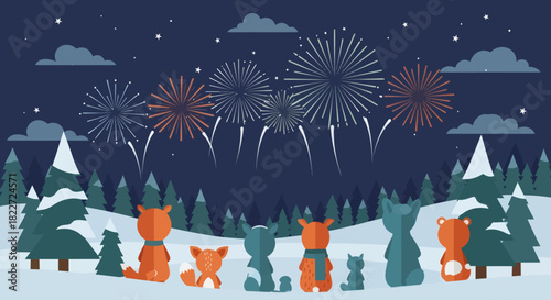 Cute Animals Watching Fireworks in a Winter Wonderland.