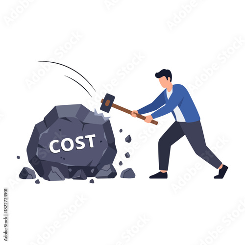 Man with Hammer Breaking Cost Rock, Cost Reduction Concept.