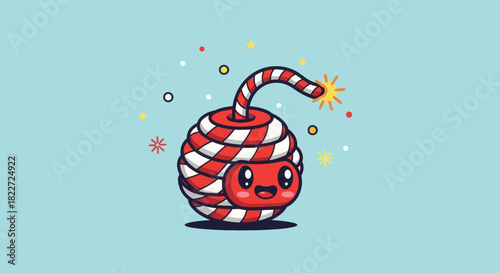 Cute Cartoon Firecracker with Lit Fuse and Happy Face.