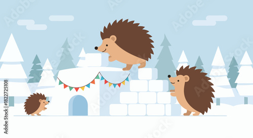 Cute Hedgehogs Playing Around an Igloo in a Winter Wonderland.