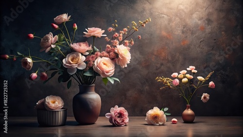 Elegant floral arrangement in muted tones featuring a large bouquet in a dark earthenware vase, complemented by smaller arrangements in metallic vessels, all set against a textured backdrop.