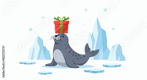 Cute Seal Balancing a Christmas Gift on its Head in a Snowy Arctic Landscape.