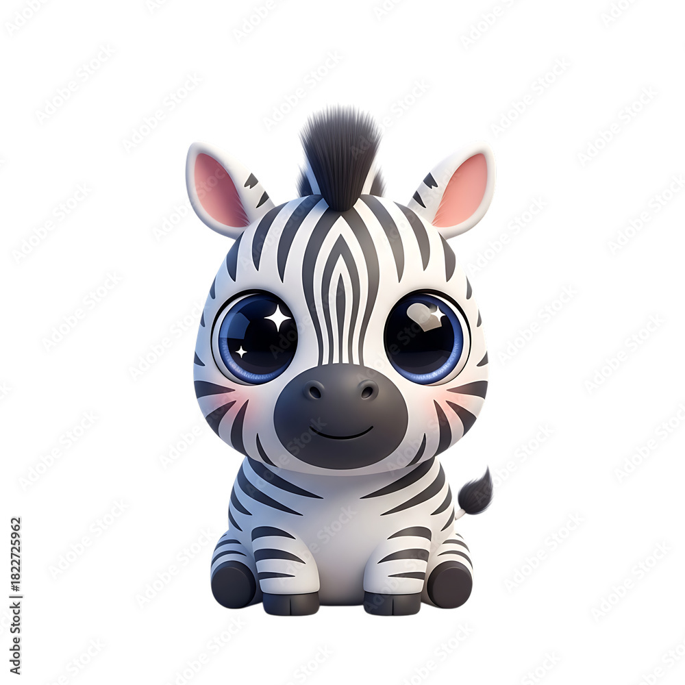 Naklejka premium cartoon baby zebra, big blue eyes and black and white stripes, isolated on a white or transparent background, cutout, PNG
