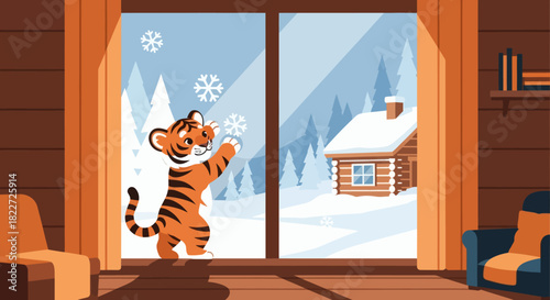 Cute Tiger Cub Playing with Snowflakes Outside a Cozy Cabin Window in Winter.
