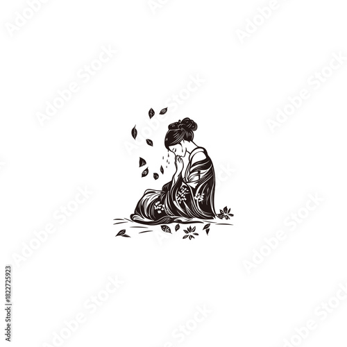 vintage sketch illustration of a Japanese Geisha wearing a beautiful floral kimono, sitting sadly and pensive in the grass with leaves falling around her