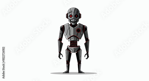 Detailed illustration of a vintagestyle robot standing upright on a white background showcasing its metallic body and mechanical features.