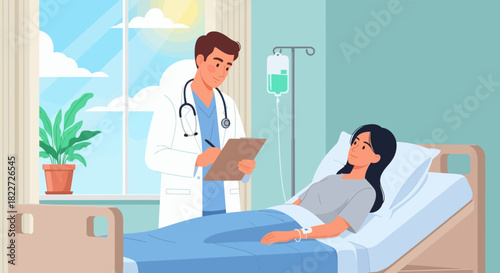 Doctor checking on a female patient in a hospital room.