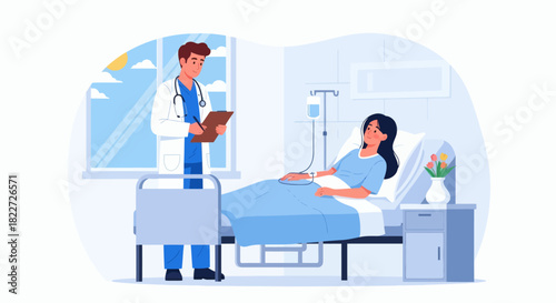 Doctor checking on female patient in hospital room.