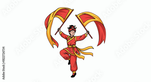 Dynamic Chinese Dancer with Red and Gold Flags Performing Traditional Art.