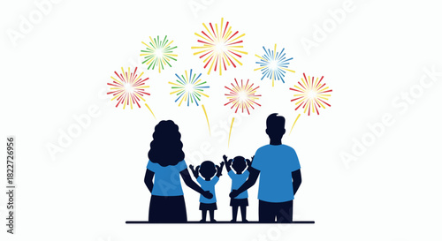 Family Watching Fireworks Display Together at Night.