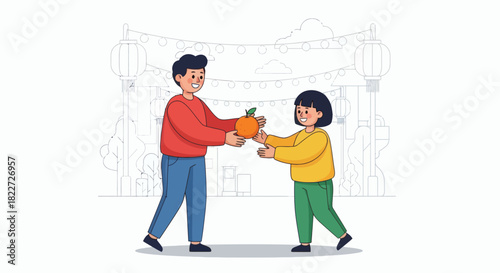 Father and daughter sharing a pumpkin during autumn harvest festival.