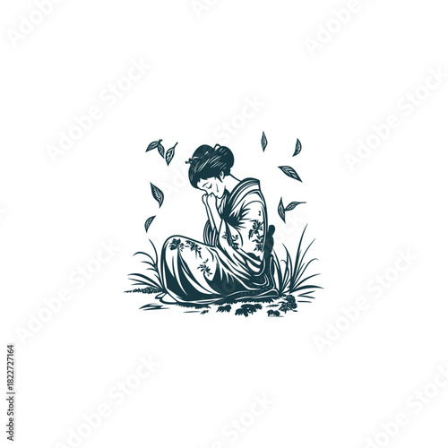 vintage sketch illustration of a Japanese Geisha wearing a beautiful floral kimono, sitting sadly and pensive in the grass with leaves falling around her