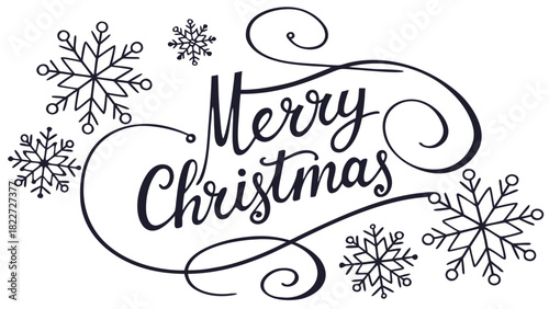 "Merry Christmas" elegant black script with snowflakes vector, An elegant black calligraphic script reading "Merry Christmas," embellished with swirls and surrounded by various line-art snowflakes