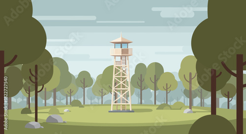 Forest Fire Lookout Tower in a Lush Green Landscape.