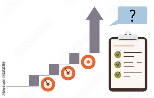 Staircase with targets, upward arrow, checklist with completed tasks, and speech bubble. Ideal for success, planning, goals, growth productivity business and improvement. Simple flat metaphor