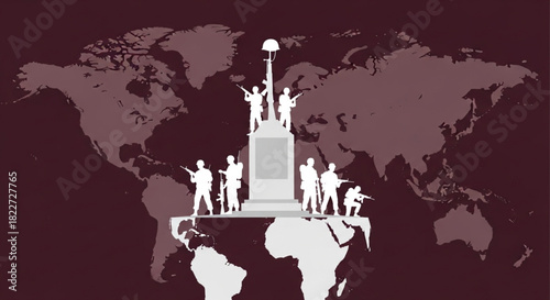 A global monument honors fallen soldiers, a symbol of sacrifice and remembrance on a world map background