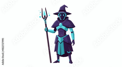 Futuristic wizard robot character holding a magical staff.