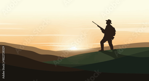 Hunter Silhouette on Hilltop at Sunset.