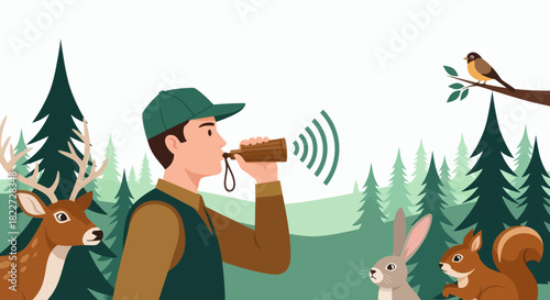 Hunter Using Game Call in Forest with Deer Rabbit Squirrel and Bird.
