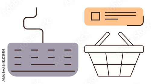 Keyboard symbolizes online activity, shopping basket represents e-commerce, and search bar conveys user input. Ideal for online retail, digital shopping, e-commerce tech, web design, marketing, UIUX