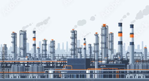 Industrial factory with smoking chimneys and complex pipe systems against a light sky symbolizing manufacturing and energy production.