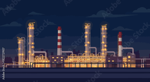 Industrial oil refinery plant with glowing lights at night.