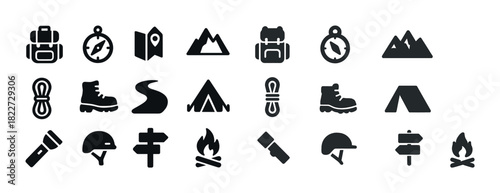 Outdoor adventure icons set: camping, hiking, navigation, safety gear