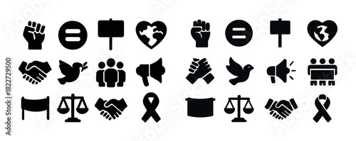 Black and white symbols of peace, equality, and activism