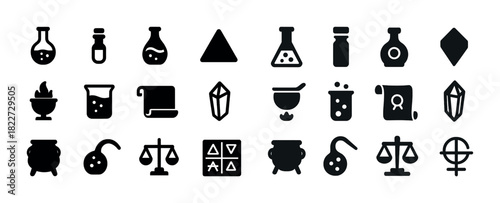 Alchemy icons collection: potions, flasks, crystals, and scales
