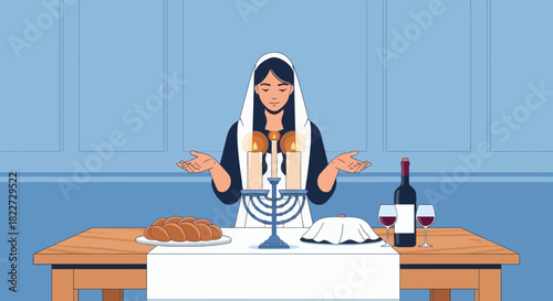 Jewish Woman Praying During Shabbat with Menorah and Challah Bread.