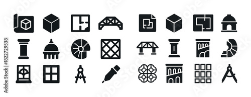 Set of architecture and construction icons in black silhouette style